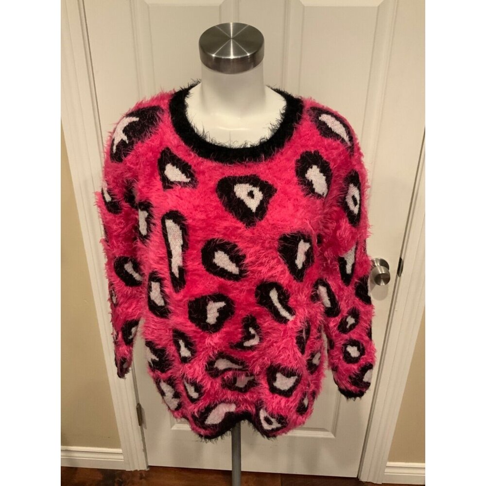 Raga Hot Pink Fuzzy Sweater W/ Black & White Animal Print, Size Large